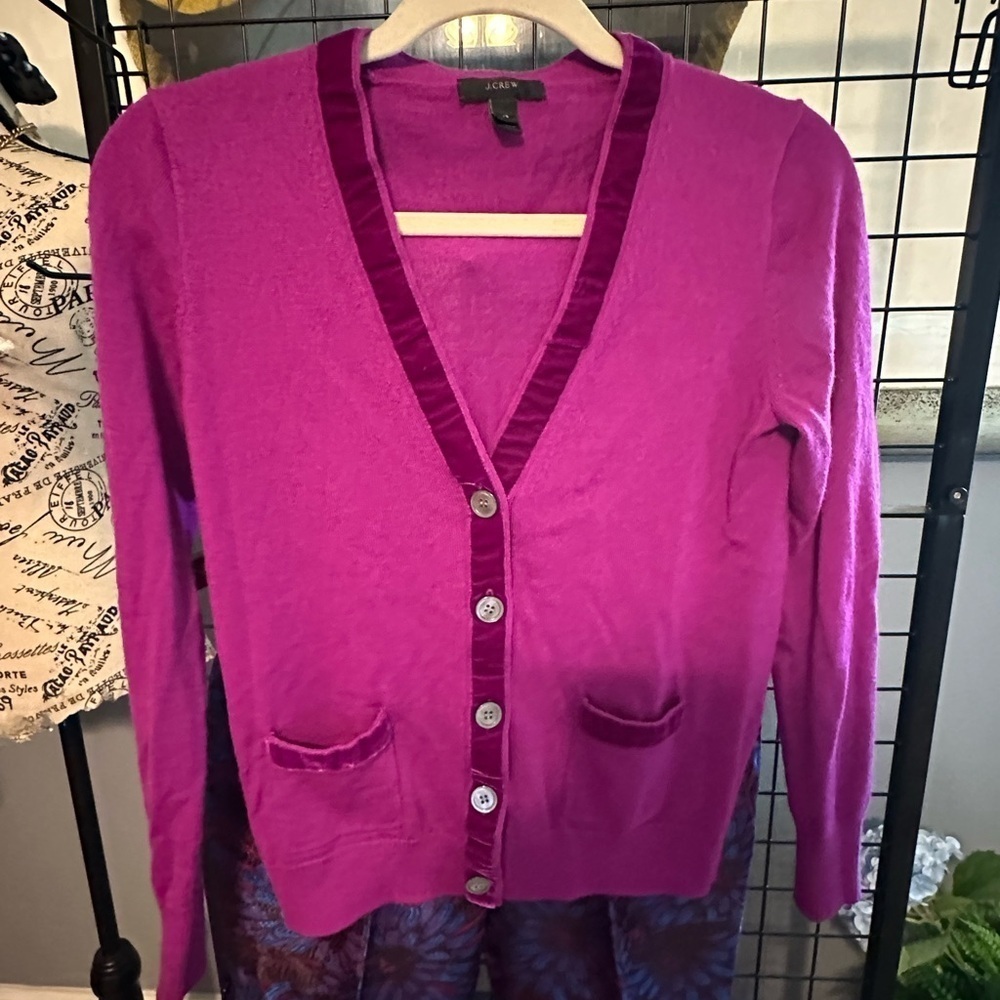 J. Crew Women's Magenta Cardigan Sweater with velvet accents
